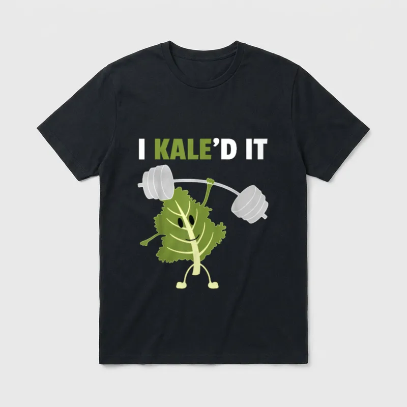 Kaled It Cute Vegetarian T-Shirt – Cartoon kale leaf lifting a barbell under the text I KALE'D IT – Classic T-Shirt in Black