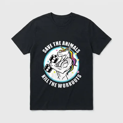 Save The Animals Kill T-Shirt – Muscular unicorn lifting dumbbells with stars and circular text – Classic T-Shirt in Black