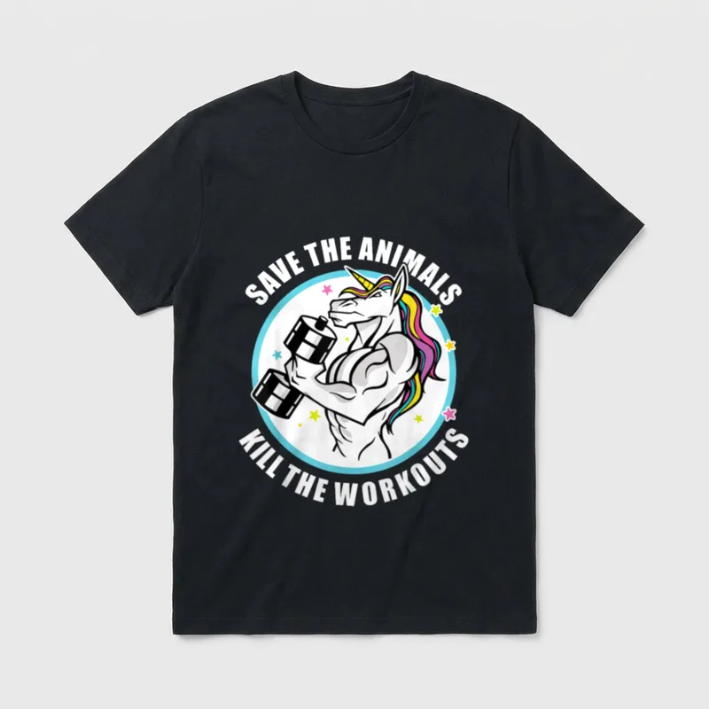 Save The Animals Kill T-Shirt – Muscular unicorn lifting dumbbells with stars and circular text – Classic T-Shirt in Black