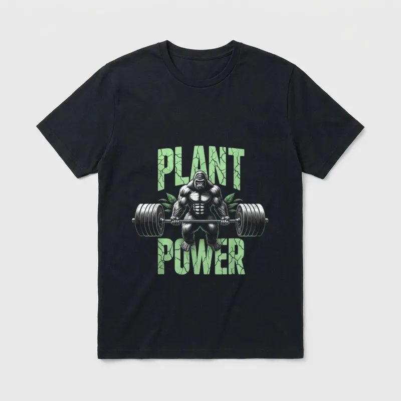 Plant Power Vegan T-Shirt – Gorilla lifting barbell with PLANT POWER text – Classic T-Shirt in Black
