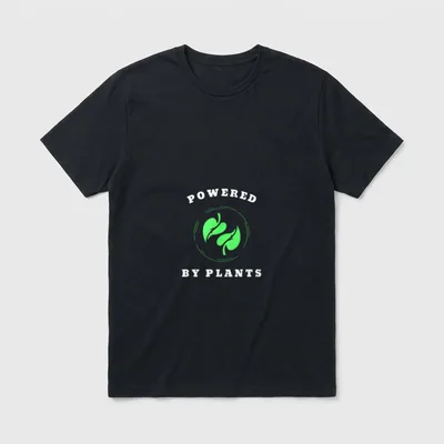 Vegan for Women Men T-Shirt – Green leaves inside a circle with POWERED BY PLANTS text – Classic T-Shirt in Black