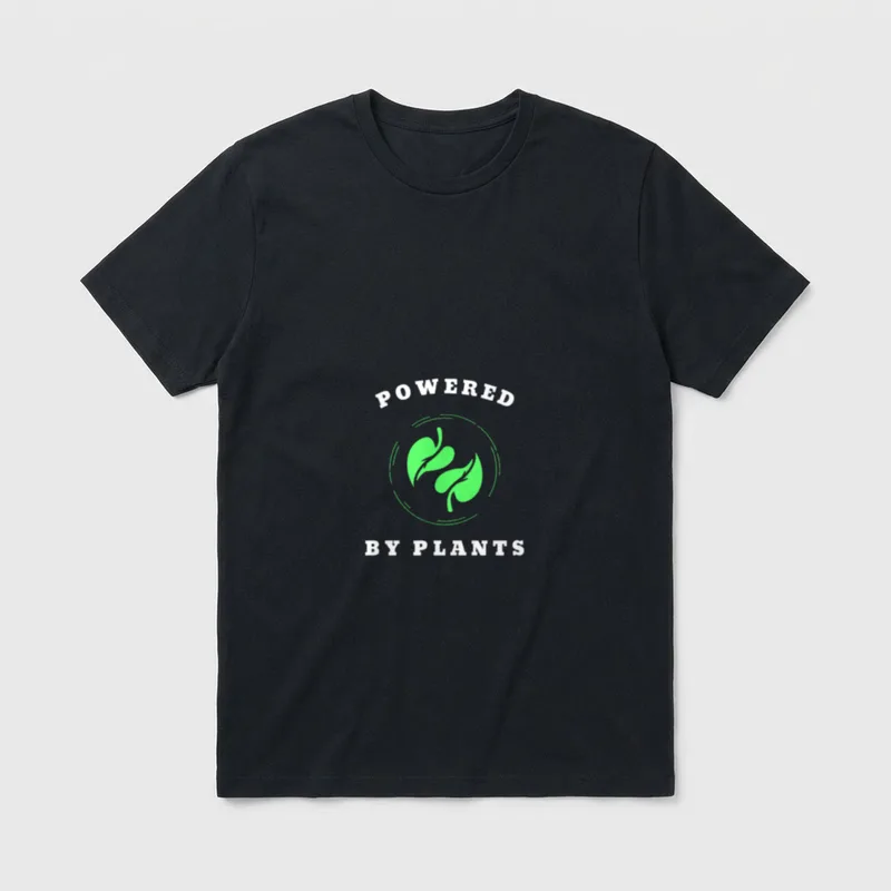 Vegan for Women Men T-Shirt – Green leaves inside a circle with POWERED BY PLANTS text – Classic T-Shirt in Black