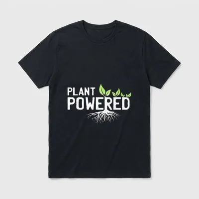 Plant Powered Vegan Clothing T-Shirt – White text Plant Powered with green leaves and root system – Classic T-Shirt in Black