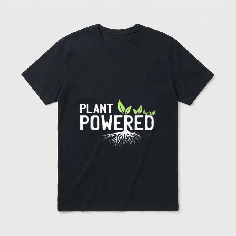 Plant Powered Vegan Clothing T-Shirt – White text Plant Powered with green leaves and root system – Classic T-Shirt in Black