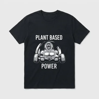 Plant Based Power Vegan T-Shirt – Roaring gorilla lifting barbell with Plant Based Power text – Classic T-Shirt in Black
