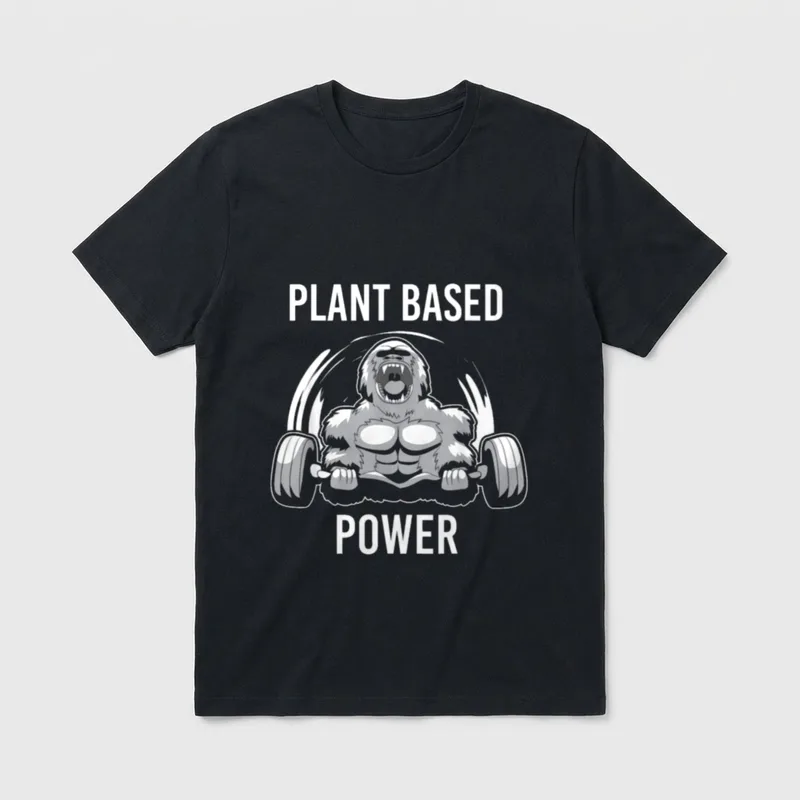 Plant Based Power Vegan T-Shirt – Roaring gorilla lifting barbell with Plant Based Power text – Classic T-Shirt in Black