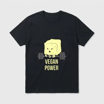 Tofu Design Bodybuilder Athlete T-Shirt – Angry tofu block lifting a barbell with text VEGAN POWER – Classic T-Shirt in Black