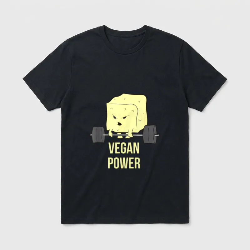 Tofu Design Bodybuilder Athlete T-Shirt – Angry tofu block lifting a barbell with text VEGAN POWER – Classic T-Shirt in Black