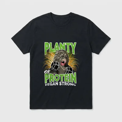 Vegan Strong Planty T-Shirt – Roaring gorilla lifting weights with PLANTY OF PROTEIN text – Classic T-Shirt in Black