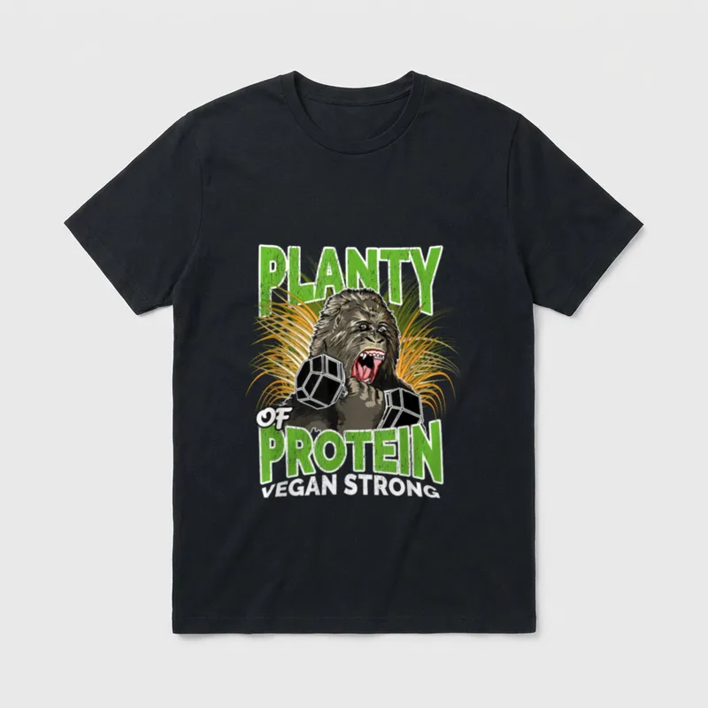 Vegan Strong Planty T-Shirt – Roaring gorilla lifting weights with PLANTY OF PROTEIN text – Classic T-Shirt in Black