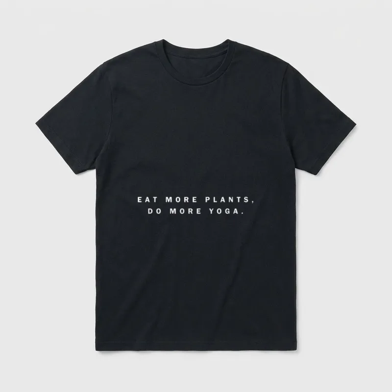 Eat More Plants Do T-Shirt – White text reading Eat More Plants Do More Yoga on a grey background – Classic T-Shirt in Black