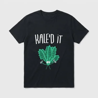 KALE'D IT Vegan Kale T-Shirt – Cartoon kale leaf lifting dumbbells under text KALE'D IT – Classic T-Shirt in Black