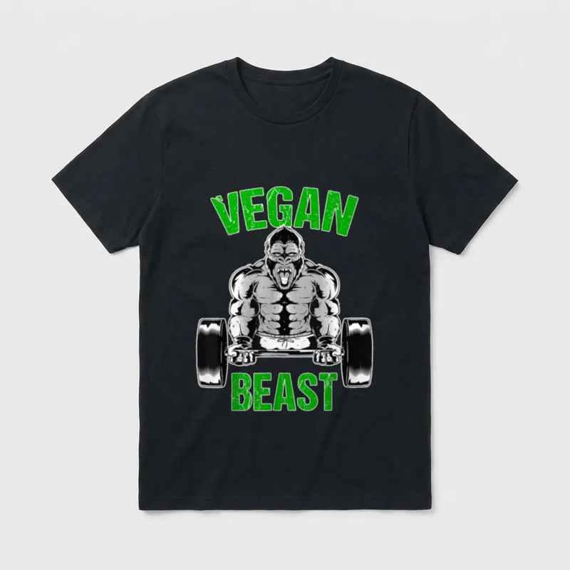 Vegan Beast Vegan Workout T-Shirt – Roaring gorilla lifting a barbell with green VEGAN BEAST text – Classic T-Shirt in Black