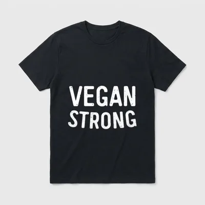 Vegan Strong Funny T-Shirt – White distressed text reading VEGAN STRONG on a grey background – Classic T-Shirt in Black
