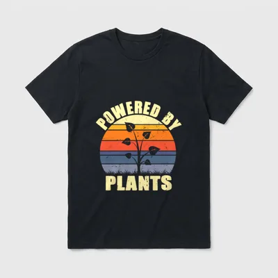 Vintage Powered By Plants T-Shirt – Retro sunset with sprout and text Powered By Plants – Classic T-Shirt in Black