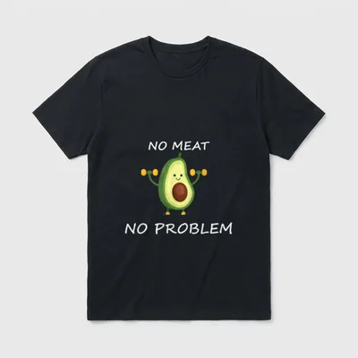 No Meat No Problem T-Shirt – Smiling avocado lifting yellow dumbbells with text No Meat No Problem – Classic T-Shirt in Black