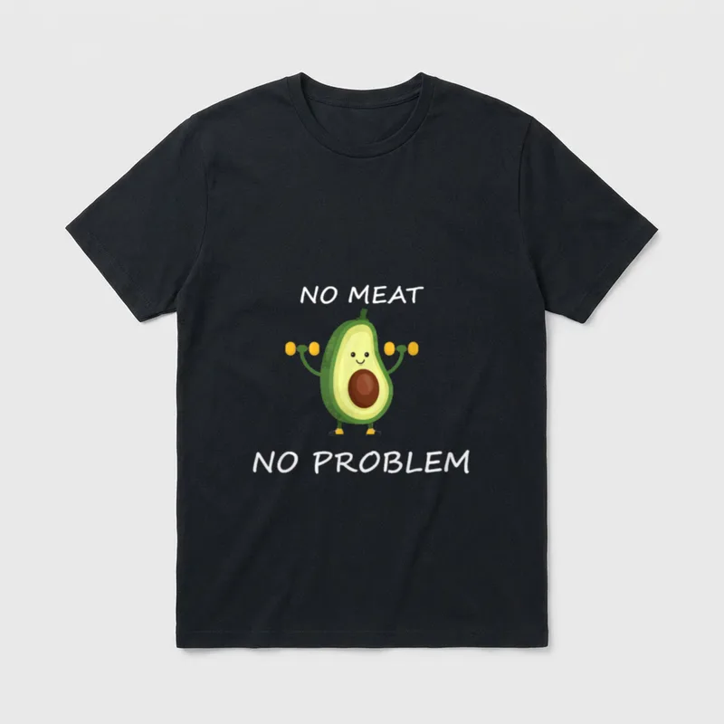 No Meat No Problem T-Shirt – Smiling avocado lifting yellow dumbbells with text No Meat No Problem – Classic T-Shirt in Black