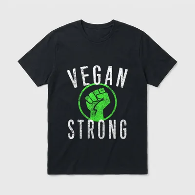 Vegan Strong Fist Weightlifting T-Shirt – Green raised fist inside a circle with VEGAN STRONG text – Classic T-Shirt in Black