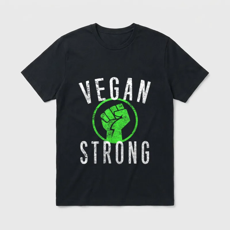 Vegan Strong Fist Weightlifting T-Shirt – Green raised fist inside a circle with VEGAN STRONG text – Classic T-Shirt in Black