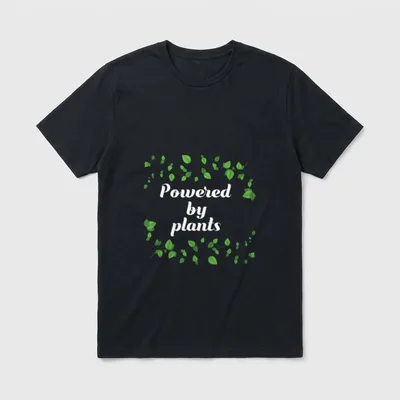 Vegan Powered By Plants T-Shirt – Green vine wreath surrounding white text Powered by plants – Classic T-Shirt in Black
