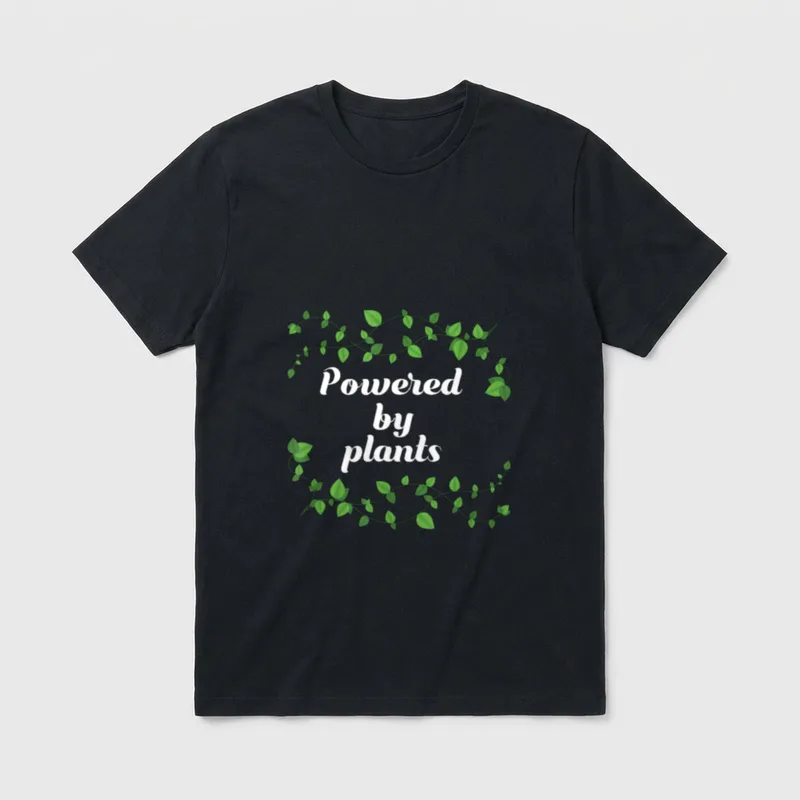 Vegan Powered By Plants T-Shirt – Green vine wreath surrounding white text Powered by plants – Classic T-Shirt in Black