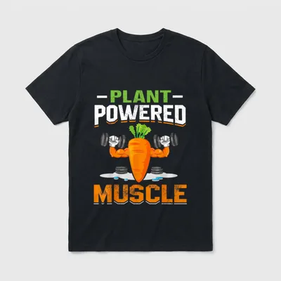 Plant Powered Muscle T-Shirt – Muscular carrot lifting dumbbells with Plant Powered Muscle text – Classic T-Shirt in Black