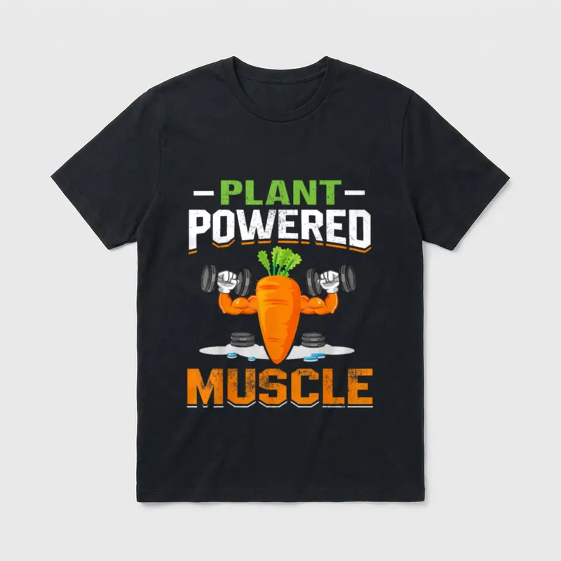 Plant Powered Muscle T-Shirt – Muscular carrot lifting dumbbells with Plant Powered Muscle text – Classic T-Shirt in Black