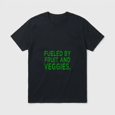 Fueled by Fruit T-Shirt – Green text reading Fueled by Fruit and Veggies on a grey background – Classic T-Shirt in Black