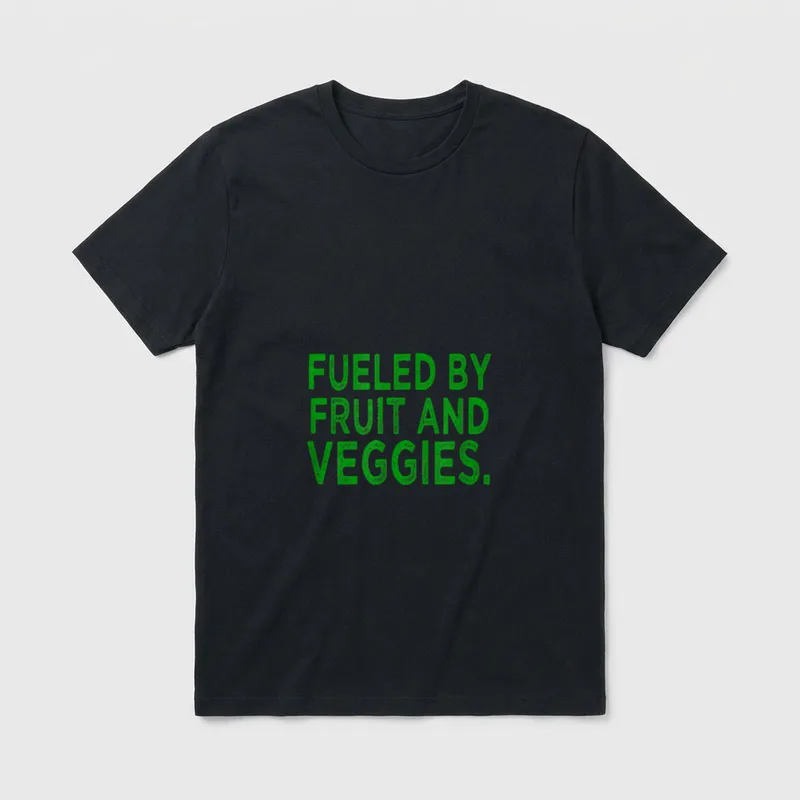 Fueled by Fruit T-Shirt – Green text reading Fueled by Fruit and Veggies on a grey background – Classic T-Shirt in Black