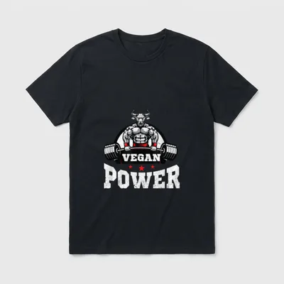 vegan power fitness T-Shirt – Muscular bull lifting barbell with VEGAN POWER text and red stars – Classic T-Shirt in Black