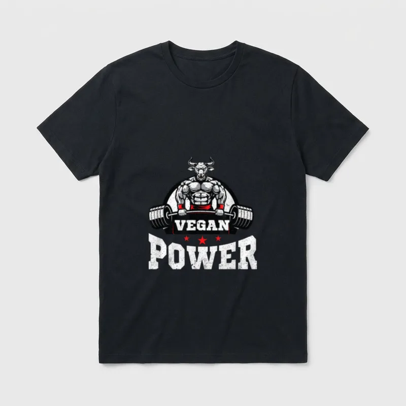 vegan power fitness T-Shirt – Muscular bull lifting barbell with VEGAN POWER text and red stars – Classic T-Shirt in Black
