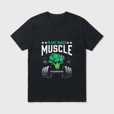 Vegan Muscles Plant Based T-Shirt – Broccoli lifting a barbell with text Plant Based Muscle – Classic T-Shirt in Black