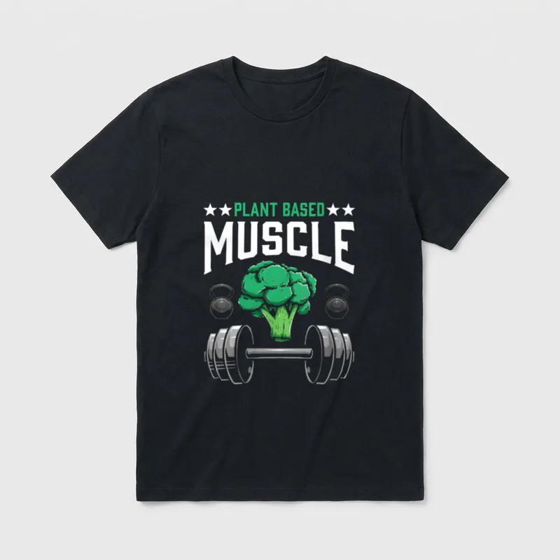 Vegan Muscles Plant Based T-Shirt – Broccoli lifting a barbell with text Plant Based Muscle – Classic T-Shirt in Black