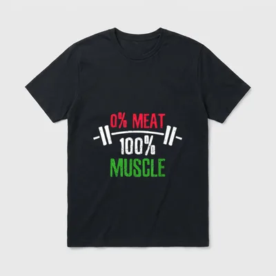 Meat Muscle Workout Vegan T-Shirt – Barbell graphic with 0% Meat 100% Muscle text in red and green – Classic T-Shirt in Black