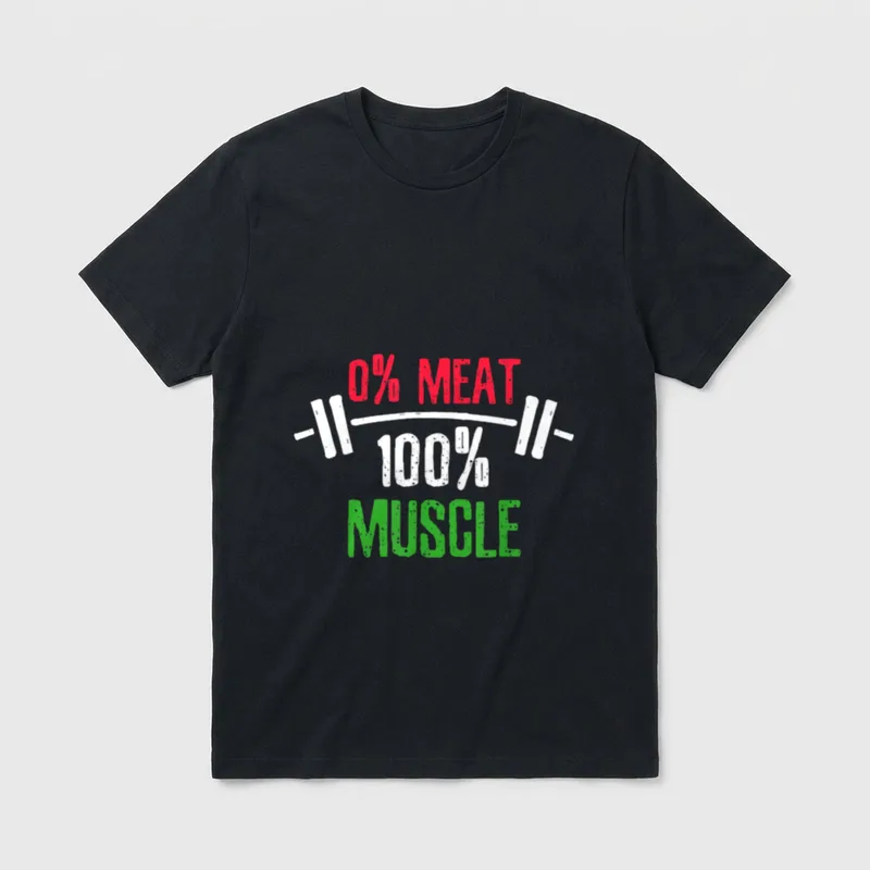 Meat Muscle Workout Vegan T-Shirt – Barbell graphic with 0% Meat 100% Muscle text in red and green – Classic T-Shirt in Black
