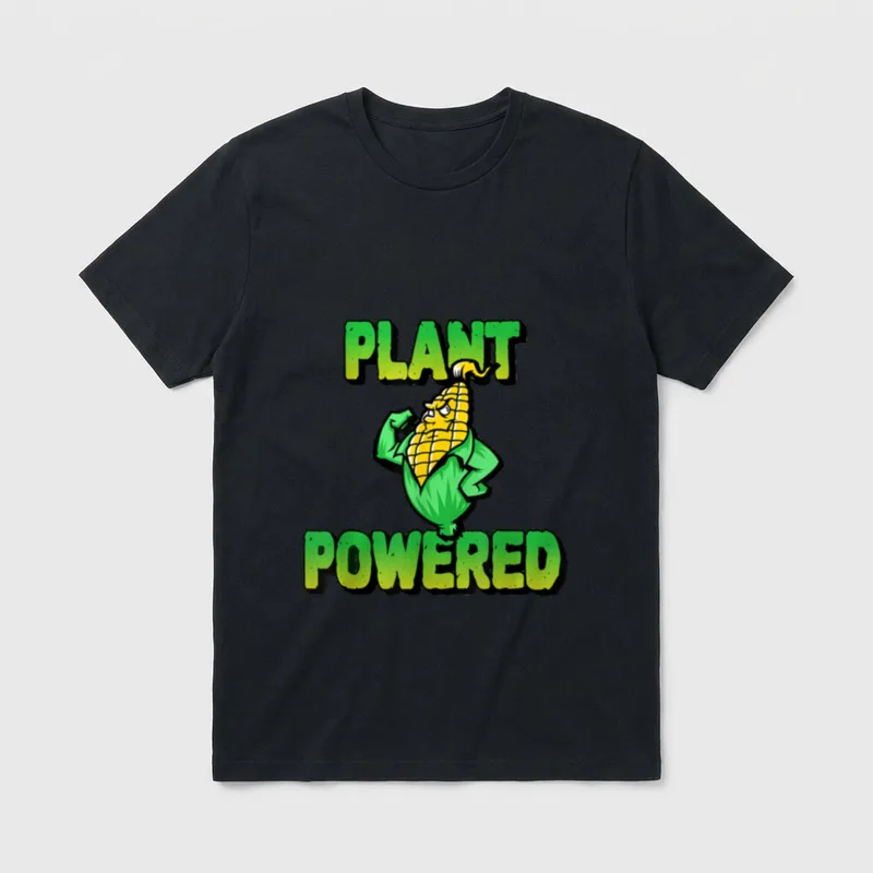 Plant Powered Vegan Veganism T-Shirt – Muscular corn cob flexing biceps with Plant Powered text – Classic T-Shirt in Black