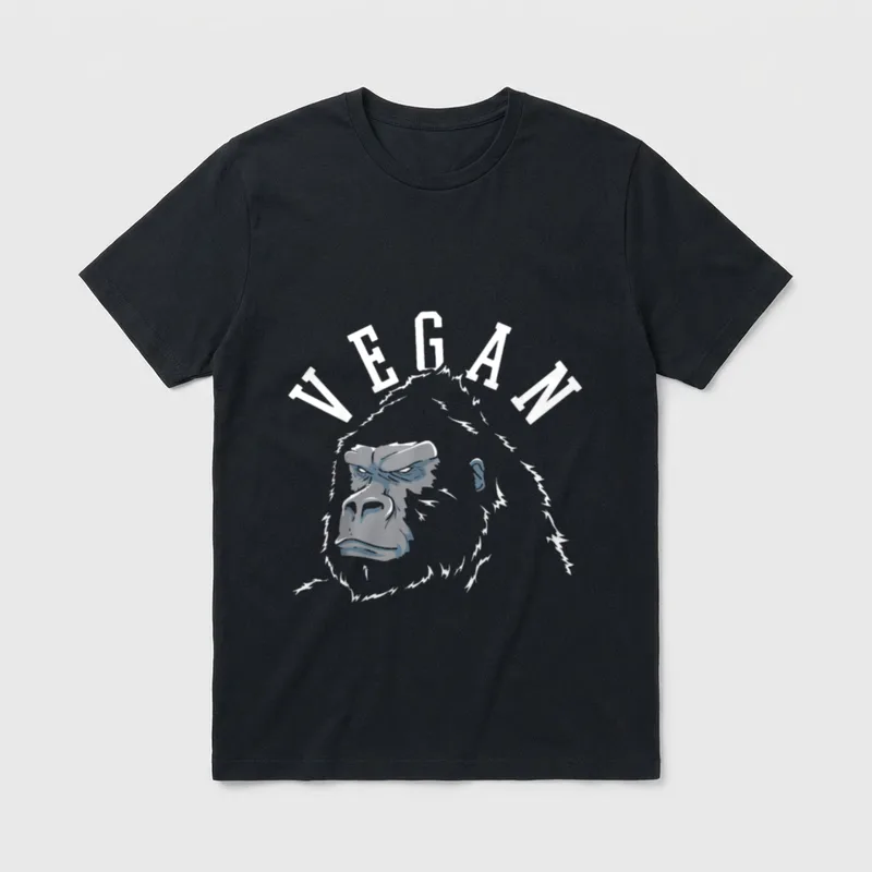 Vegan Fitness Bodybuilding Gym T-Shirt – Gorilla head illustration with arched VEGAN text – Classic T-Shirt in Black