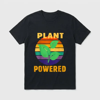 Plant Powered Vegan T-Shirt – Retro sun graphic with green leaves and text PLANT POWERED – Classic T-Shirt in Black