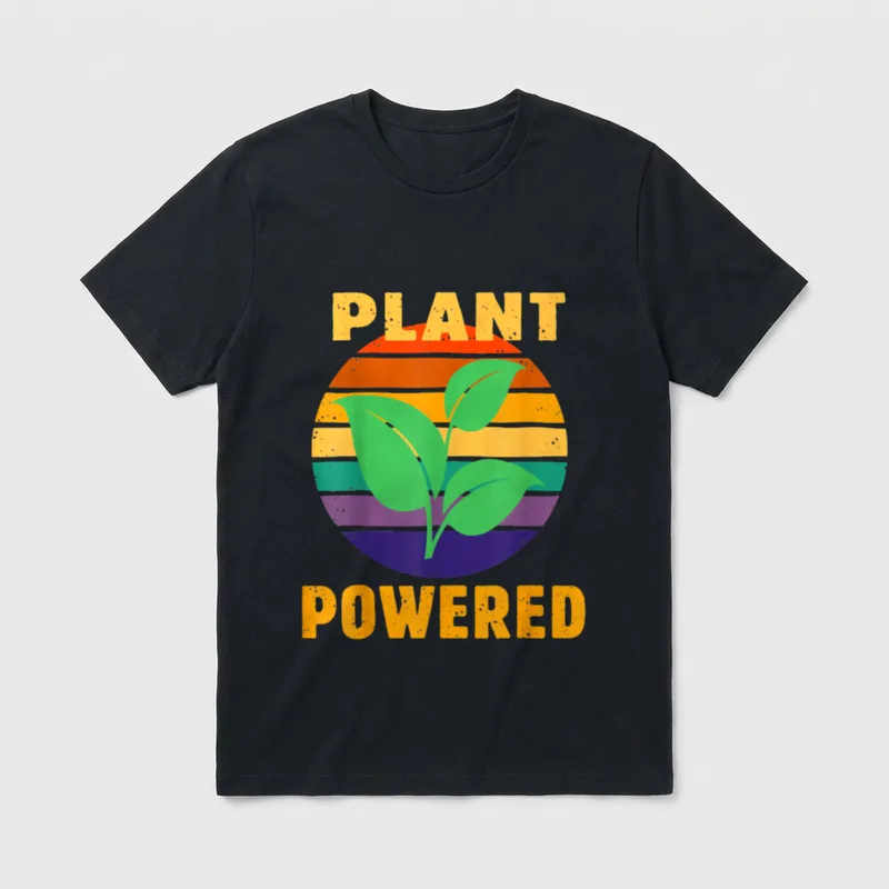 Plant Powered Vegan T-Shirt – Retro sun graphic with green leaves and text PLANT POWERED – Classic T-Shirt in Black