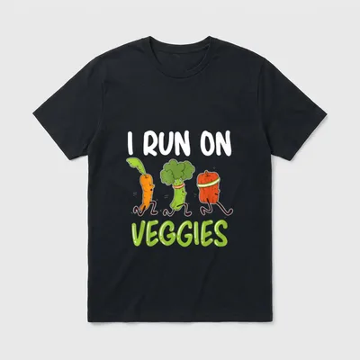 I Run For Veggies T-Shirt – Running carrot, broccoli, and red pepper wearing headbands under text – Classic T-Shirt in Black