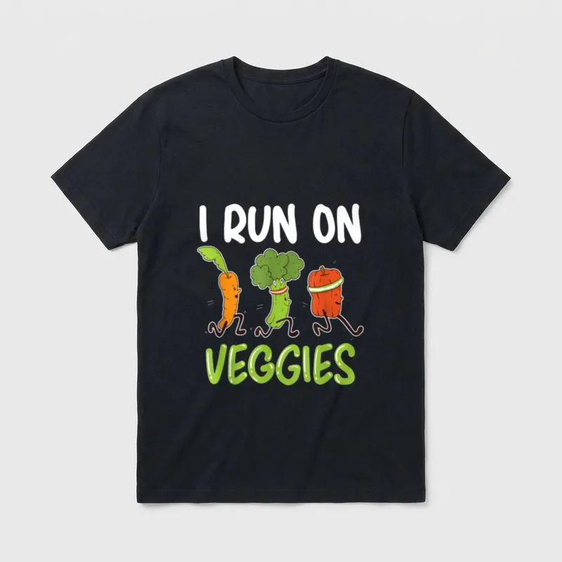 I Run For Veggies T-Shirt – Running carrot, broccoli, and red pepper wearing headbands under text – Classic T-Shirt in Black