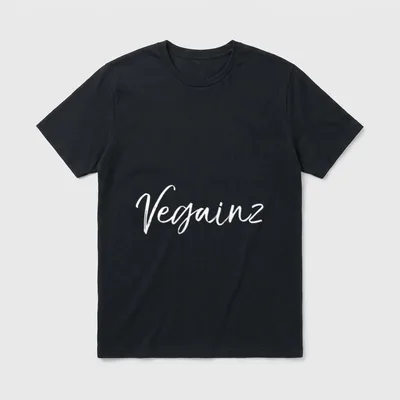 Vegainz Funny Vegan Gainz T-Shirt – White cursive text reading Vegainz on a grey background – Classic T-Shirt in Black