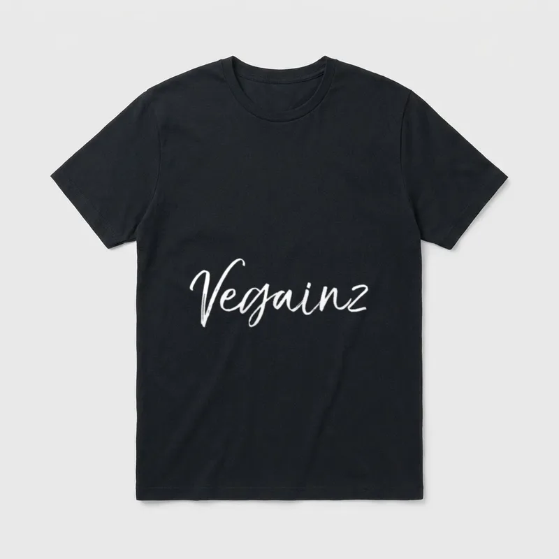 Vegainz Funny Vegan Gainz T-Shirt – White cursive text reading Vegainz on a grey background – Classic T-Shirt in Black