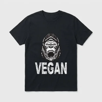 Vegan Gorilla Plant Based T-Shirt – Roaring gorilla head above distressed white text reading VEGAN – Classic T-Shirt in Black
