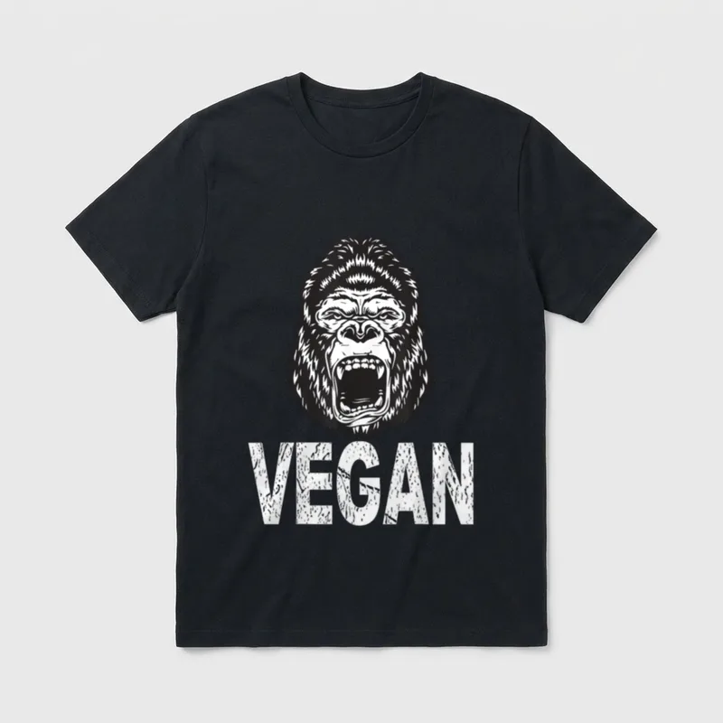 Vegan Gorilla Plant Based T-Shirt – Roaring gorilla head above distressed white text reading VEGAN – Classic T-Shirt in Black