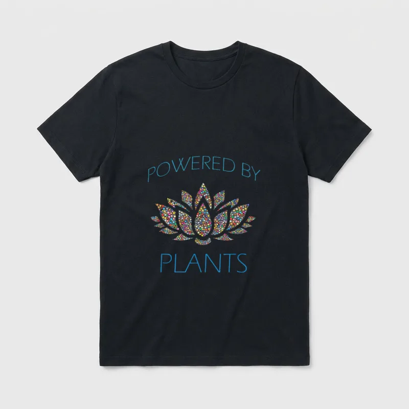 Vegan Vegetarian Amazing T-Shirt – Colorful dotted lotus flower with POWERED BY PLANTS text – Classic T-Shirt in Black