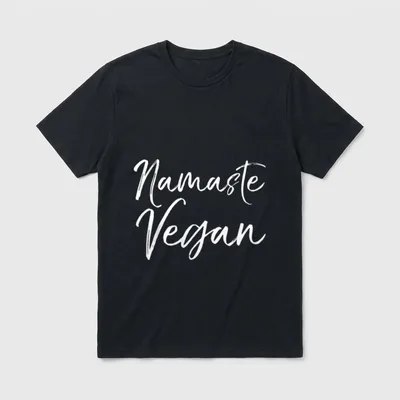 Funny Yoga Pun Vegan T-Shirt – White brush script text reading Namaste Vegan on a grey background – Classic T-Shirt in Black