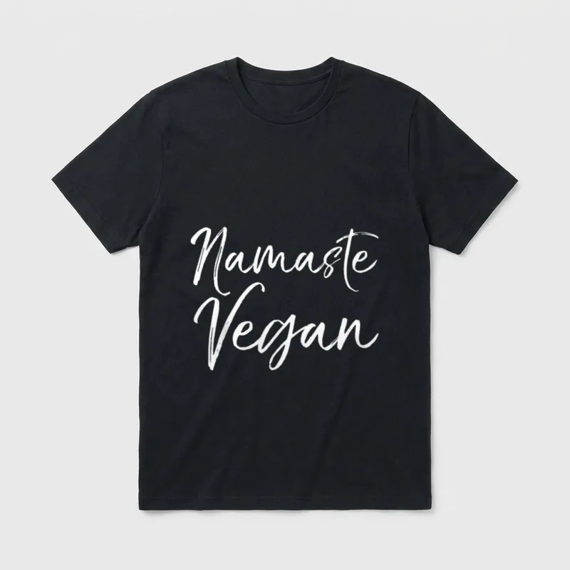 Funny Yoga Pun Vegan T-Shirt – White brush script text reading Namaste Vegan on a grey background – Classic T-Shirt in Black