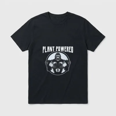 Plant Powered Gorilla Vegan T-Shirt – Roaring gorilla lifting dumbbells with Plant Powered text – Classic T-Shirt in Black