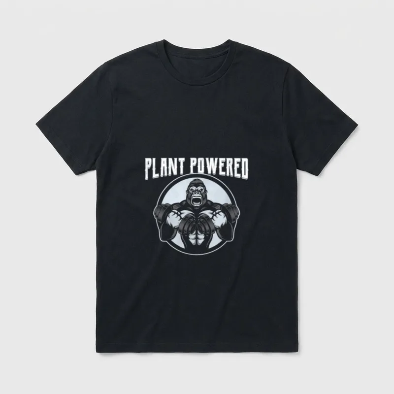 Plant Powered Gorilla Vegan T-Shirt – Roaring gorilla lifting dumbbells with Plant Powered text – Classic T-Shirt in Black
